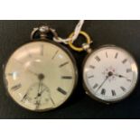 A silver open faced pocket watch; another, plated