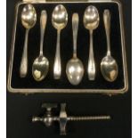 A set of six silver tea spoons, London 1942, cased ; etc