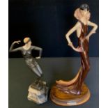 After D H Chiparus, a bronze Art Deco type figure of a dancer, triangular stepped marble base, 36.