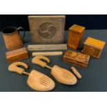 An olivewood book box; oak money bank; carved panel; pokerwork boxes; J & J Baldwins advertising