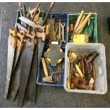 Tools - set of turning chisels, Record Smoothing plane, another Este wood plane, saws, spanners,