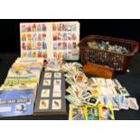 Cigarette cards - birds, botanical, characters, others; box of dominoes; plastic toy soldiers.