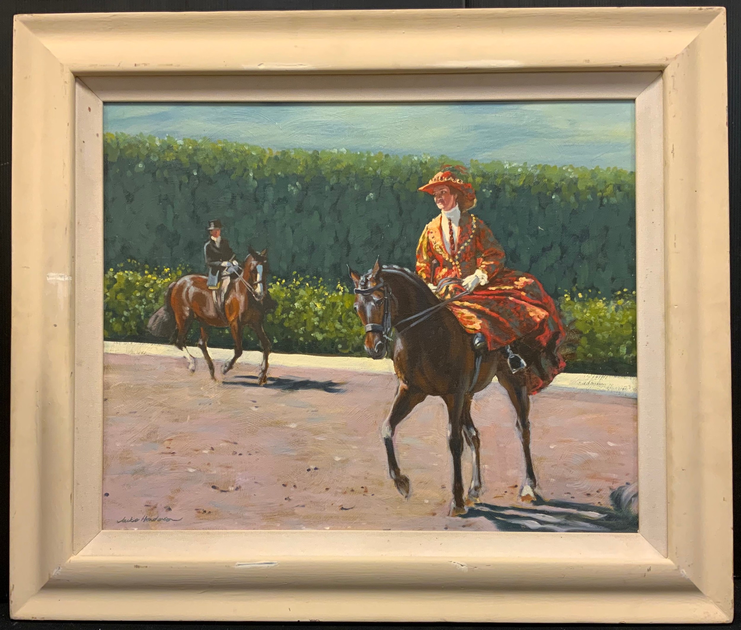 Jackie Henderson, Mid Summer day's Dressage, signed, oil on board, 44cm x 55cm.