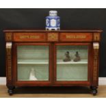 A Regency rosewood and brass marquetry side cabinet, rectangular top applied with egg-moulded edge