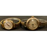 A lady's 9ct gold watch, later expanding metal bracelet strap; another 9ct gold lady's watch (2)