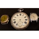 A Victorian silver open face pocket watch, Roman numerals, Chester 1897; a 9ct gold Grosvenor watch,