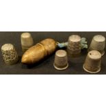 A Victorian acorn shaped sewing necessaire; six thimbles