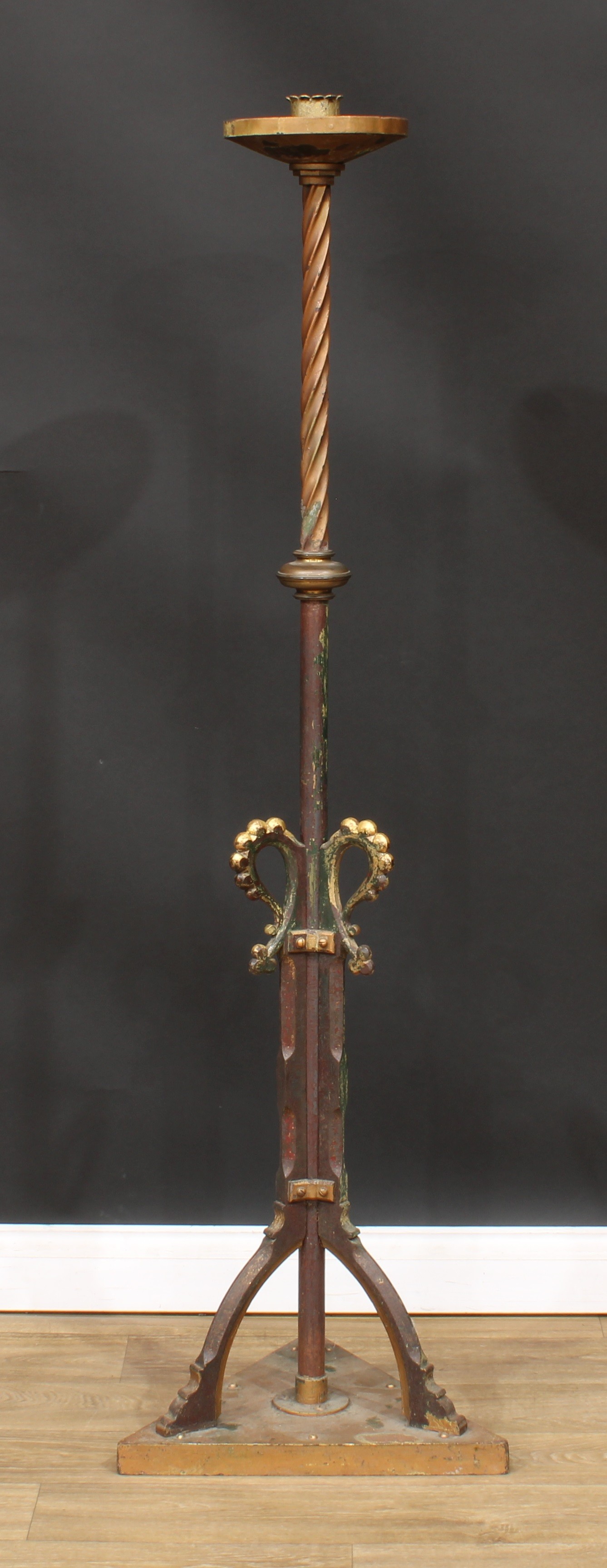 A Gothic Revival Easter candlestick, attributed to E. W. Pugin, traces of paint and gilding, 159.5cm - Image 2 of 2