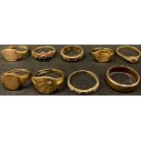 A 9ct gold wedding band, size R/S, other 9ct gold rings, signet rings, dress rings, some set with