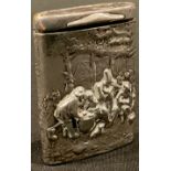 A Dutch silver coloured metal vesta case, embossed in the manner of Teniers, 6cm long, c.1900