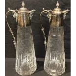 A pair of silver mounted claret jugs, etched and cut with fruiting vine, 30.5cm high, Birmingham