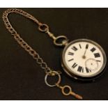 A silver open face pocket watch, white enamel dial, Roman numerals, metal Albert chain