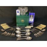 A Thomas Webb cut glass bowl, boxed; EPNS flatware, ladles, table spoons, forks and knives