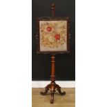 A Victorian mahogany tripod pole screen, rectangular wool and beadwork banner, lotus grasped column,