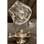 A silver plated Roman candle brandy warmer, with large acid etched brandy balloon glass