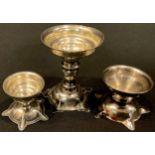 Three Indian silver coloured metal diya lamps