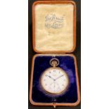 A 9ct rose gold open face pocket watch, The Limit De Luxe, white enamel dial, Arabic numerals,