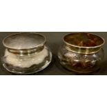 A George V silver and tortoiseshell powder bowl, clear glass jar, Birmingham 1930; an Elizabeth II