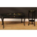 A Chinese lacquer inspired low table, 44cm high, 88cm long, 41cm wide; a similar jardiniere stand,