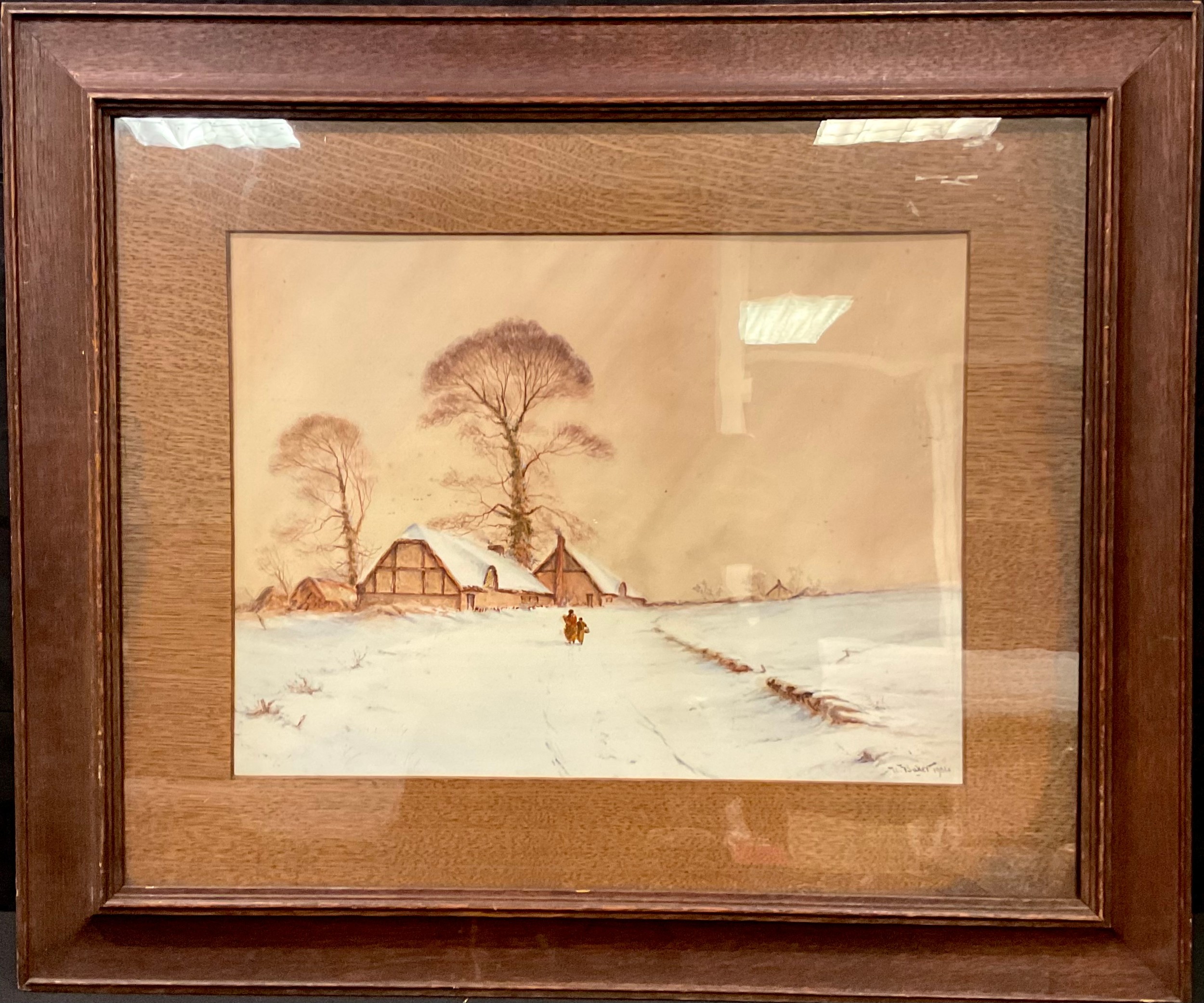 W Baker 1904 Winter Cottage Scene, with figures signed, watercolour, 67cm x 80cm