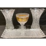 A pair of cut glass vases, star cut bases, 26cm; a cut glass pedestal bowl, applied with a band of