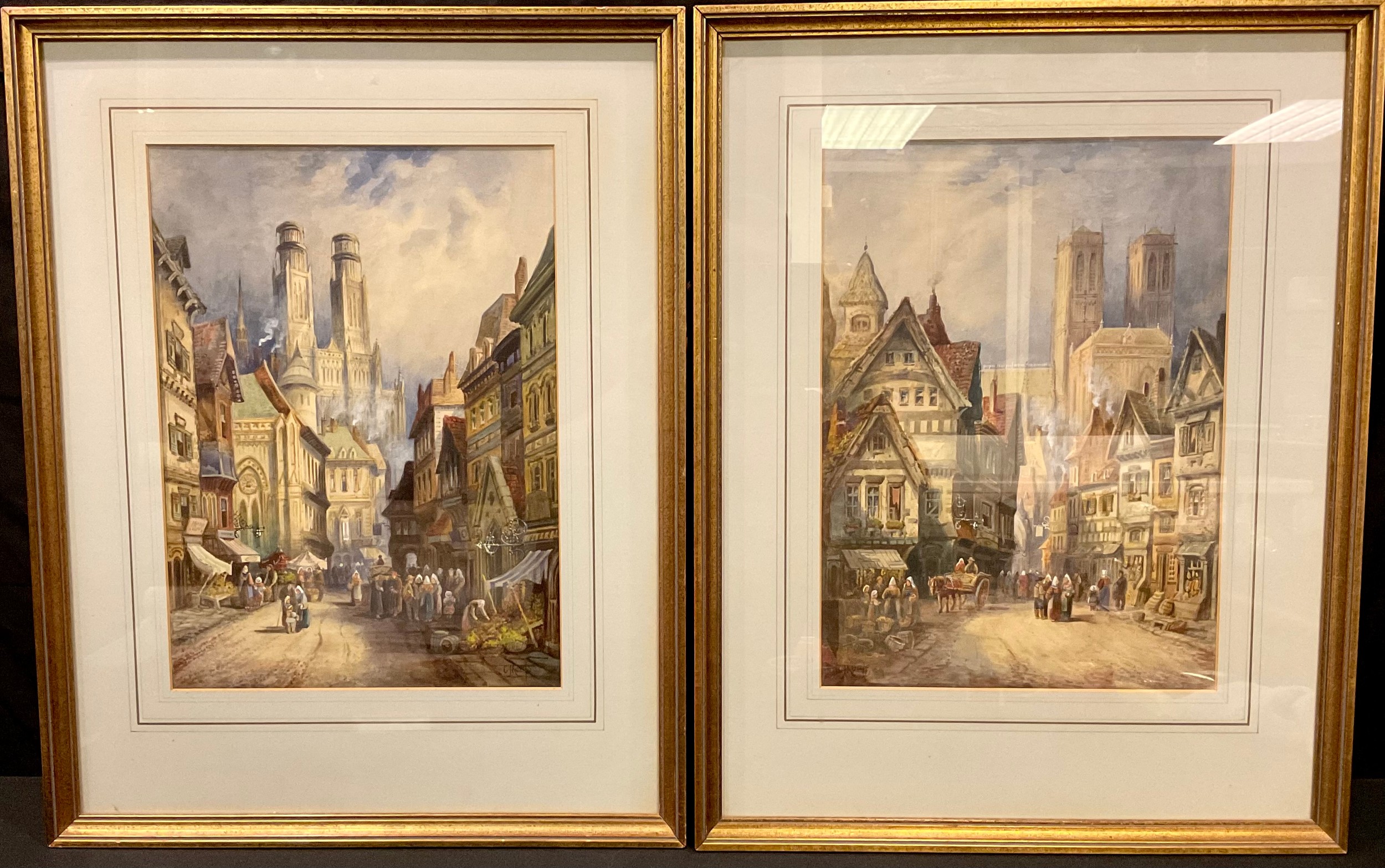 James Keats A pair, Continental Town Scenes signed, watercolours, 60cm x 47cm