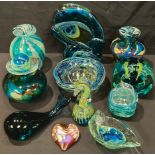 A Mdina glass vase, paperweight, single handled tea light holder dish, other vases, seahorse