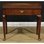 A George II mahogany tea table, hinged top above a cockbeaded frieze drawer, brass swan neck handle,