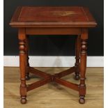 A late Victorian mahogany writing table, square top with inset writing surface, turned supports, X-