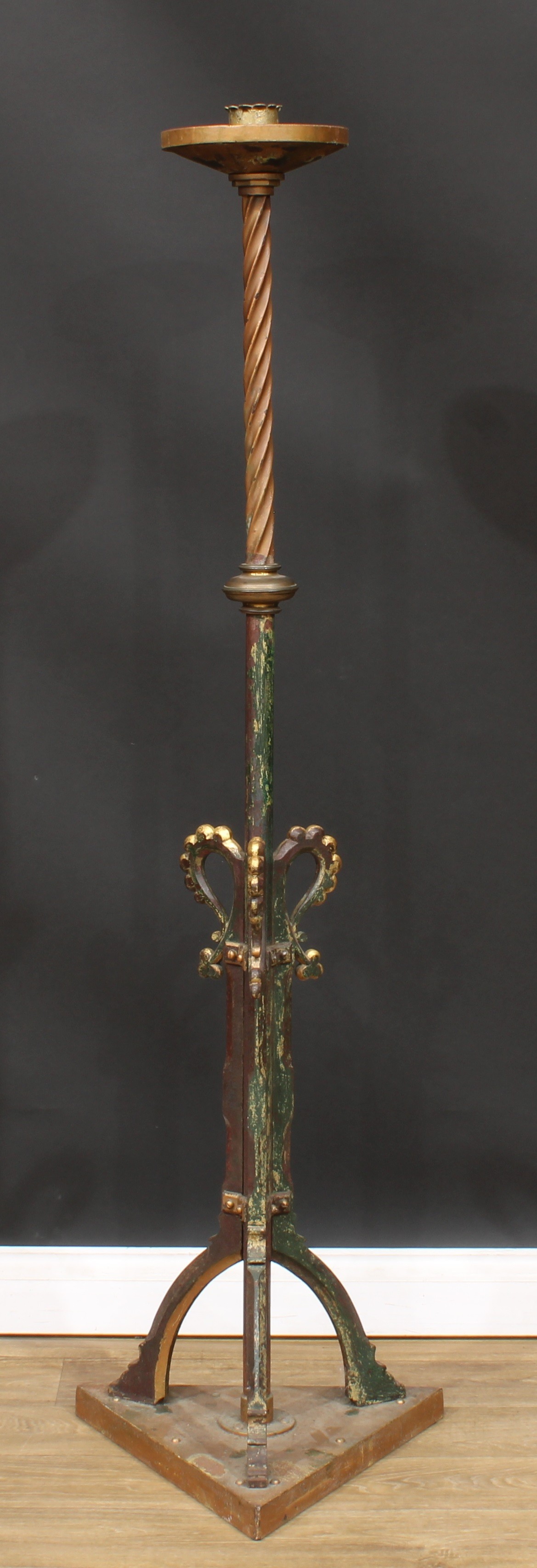 A Gothic Revival Easter candlestick, attributed to E. W. Pugin, traces of paint and gilding, 159.5cm