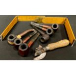 Boxes and Objects - two boxwood rules; a Bully Beef type tin opener; six smoker's pipes