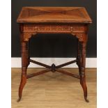 An Edwardian rosewood envelope card table, hinged top above a long frieze drawer, the frieze applied