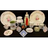 A Royal Doulton figure, Henrietta Maria HN2005; two Bloor Derby plates; other ceramics including