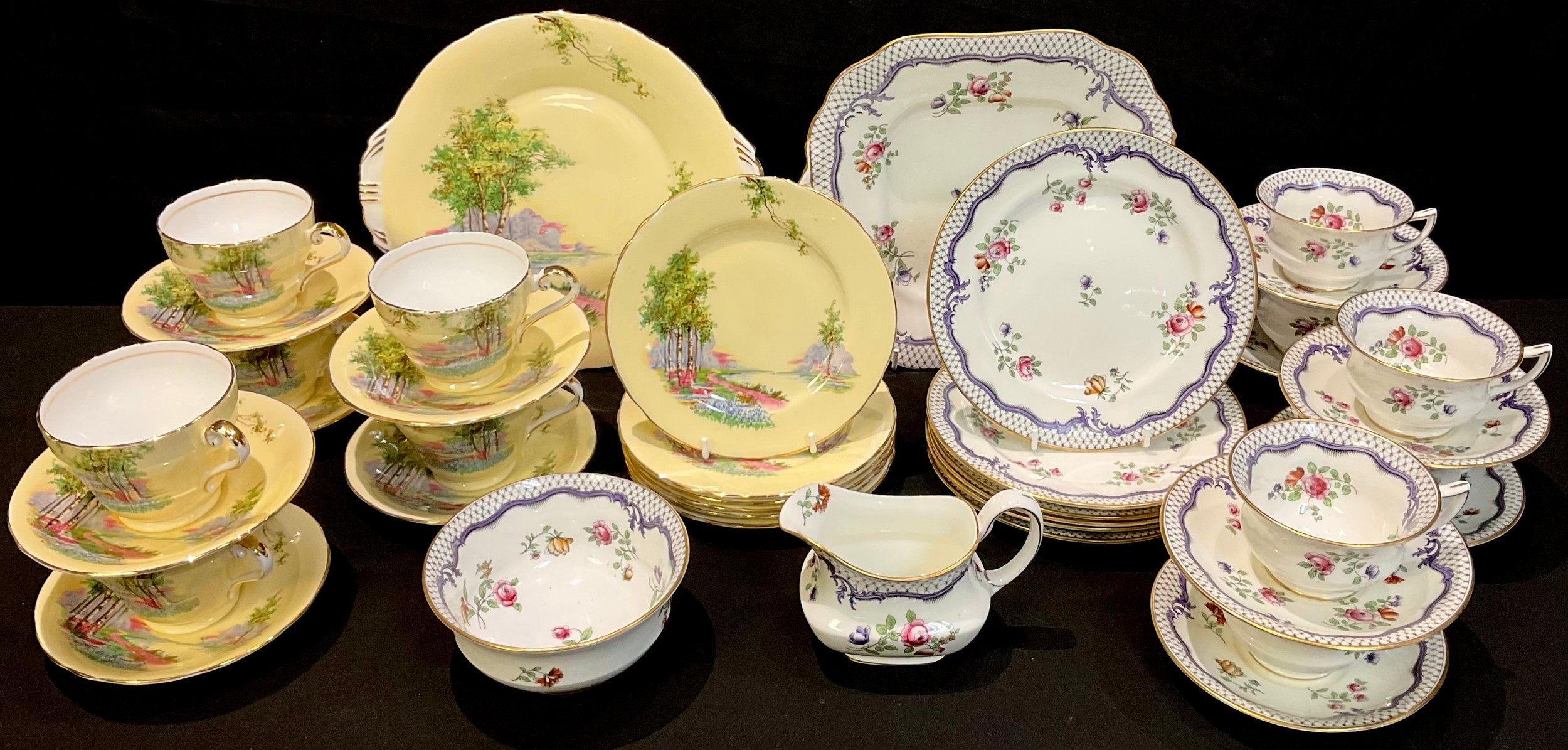 An Aynsley tea service for six, Bluebell Time pattern on yellow ground, comprising cake plate,