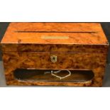 A Victorian walnut desk top glass fronted letter box, inlaid brass plaque to hinged cover