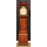 A George III oak and mahogany longcase clock, 33cm arched painted dial inscribed J. Vale, Derby,