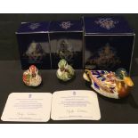 A Royal Crown Derby paperweight, Mallard, gold stopper, boxed; others, Derbyshire Duckling, gold
