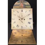 A George III longcase clock dial and movement, the arch top painted with shepherdess and dog beneath