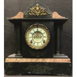 A late 19th century black slate and marble architectural mantel clock, Ansonia Clock Co, New York,