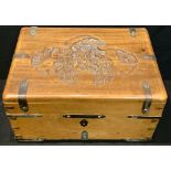 A Chinese camphor wood box, carved in the typical Cantonese manner, early 20th century, 31cm wide