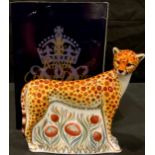 A Royal Crown Derby paperweight, Cheetah, gold stopper, boxed