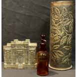 A brass coin bank, County bank, 10cm high; a trench art brass shell case, dated '17; a glass