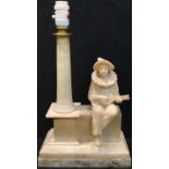 An Art Deco alabaster Pierrot table lamp, 39cm high over fitting