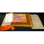 A Victorian amber coloured tablecloth, fringed edge, 176cm x 136cm; embroidered table runners, etc