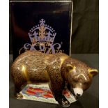 A Royal Crown Derby paperweight, Grizzly Bear, gold stopper, printed mark in red, boxed