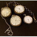 A silver open face pocket watch, Birmingham hallmarks; another, London hallmarks; a silver fob