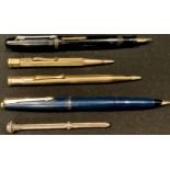 A Parker fountain pen; another; two rolled gold pencils; seal top pencil (5)