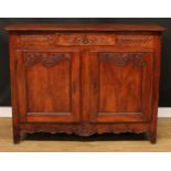 A French cherry enfilade or buffet serving sideboard, slightly oversailing top with chamfered