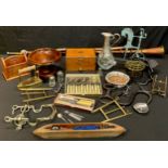 Boxes and Objects - a brass bound hardwood jewellery box; a brass slug iron; a iron steelyard