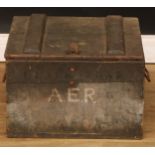 A pine tool chest or box, inscribed Blackstone, A.E.R, 32cm high, 46.5cm wide, 42.5cm deep